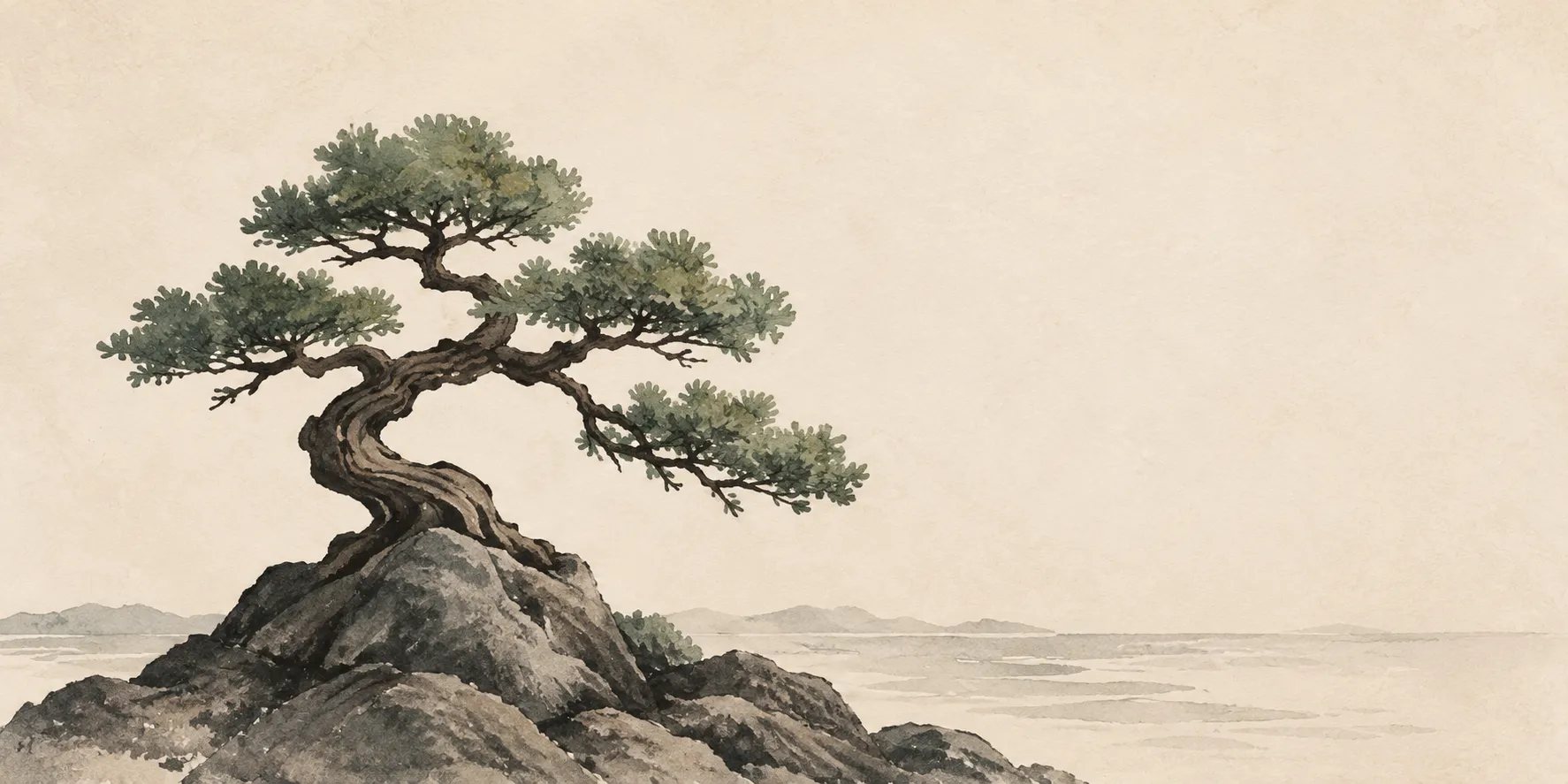 A bonsai pine holding to a rock above a pale shore.