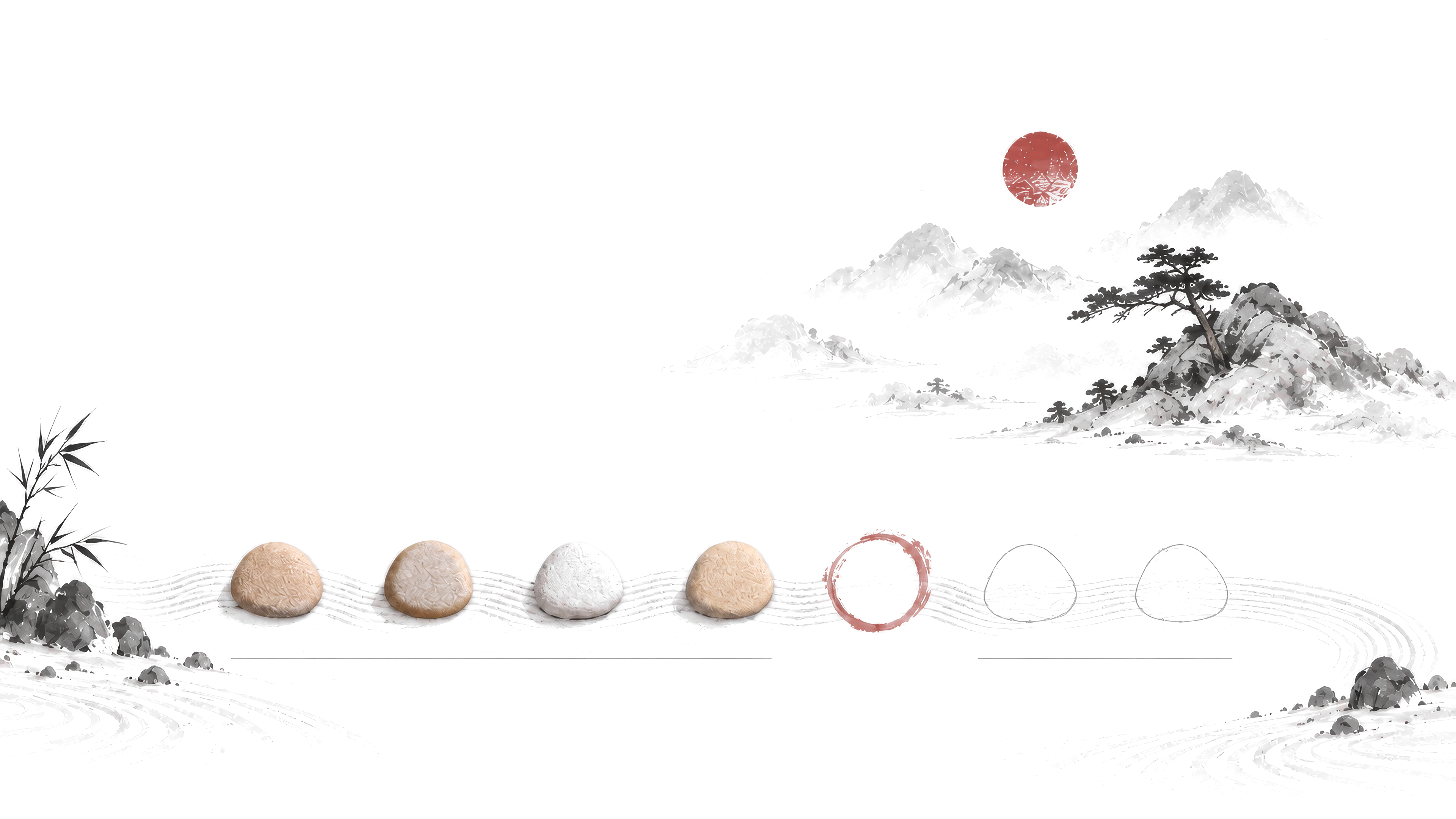 A week laid out in a raked sand garden: four stones set in the sand for the days already read, a brush ring for today, and two empty hollows for the days still to come, under a pine on a rock and a red sun.