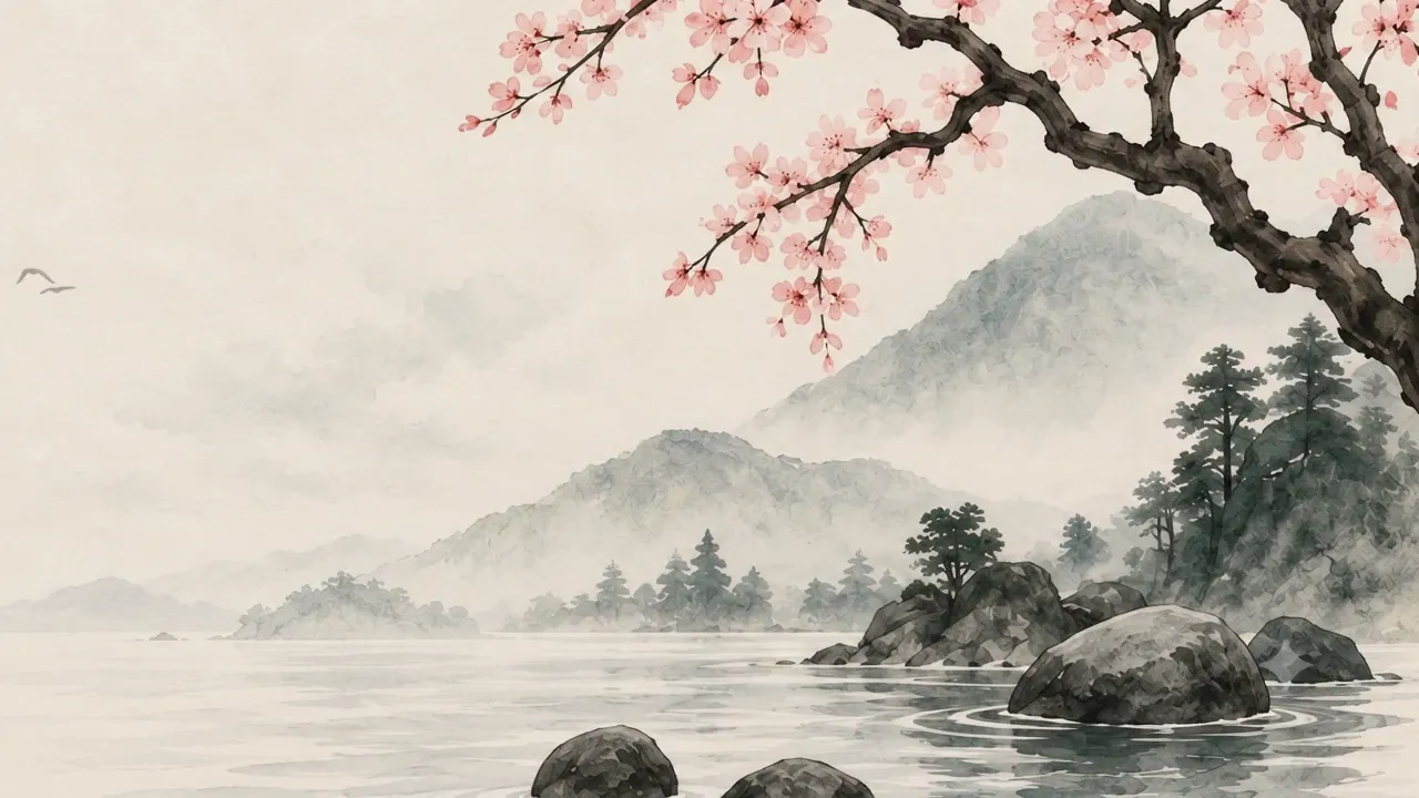 Rocks in still water under a cherry branch in blossom, with pines on the shore and mist over the hills behind them.