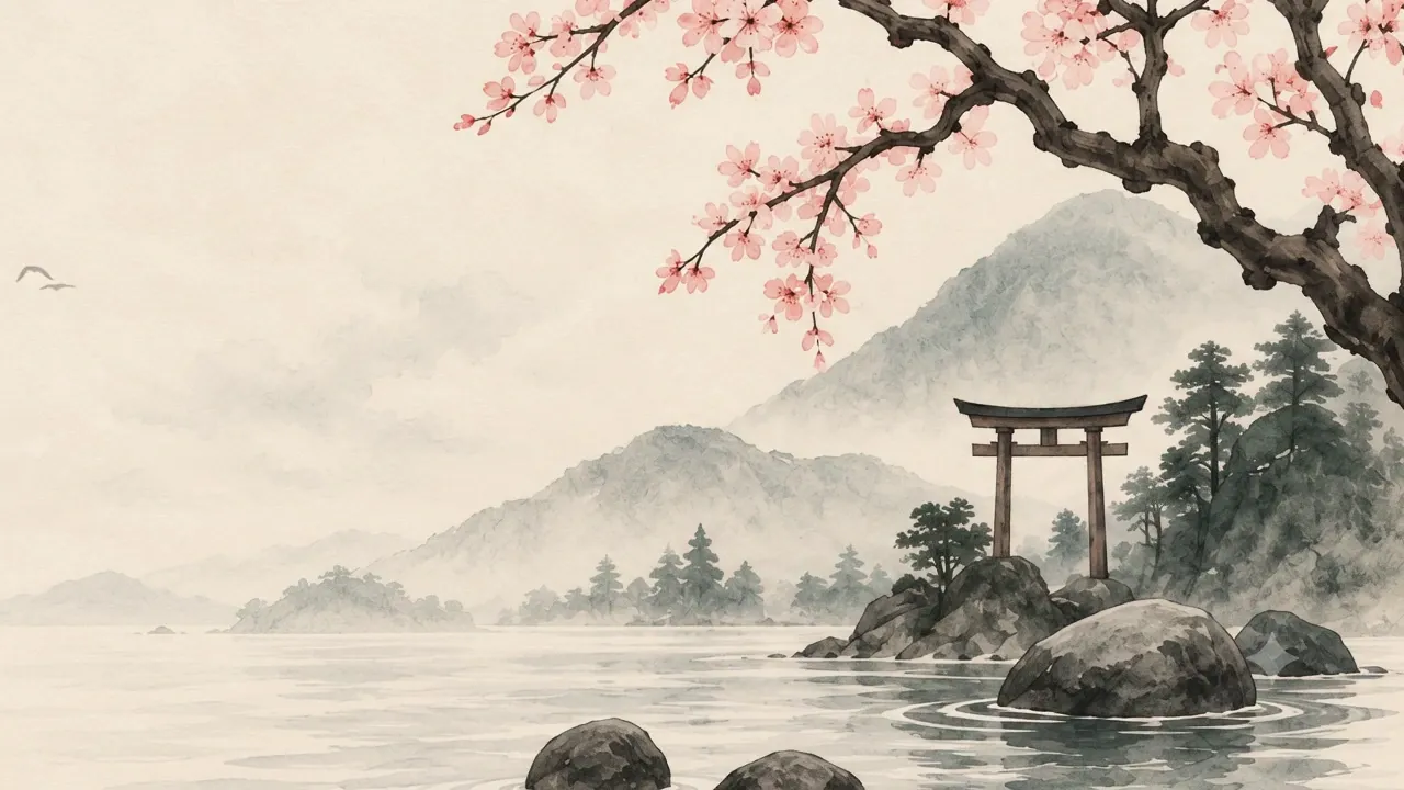 A torii on a rock in still water, under a cherry branch in blossom, with mist over the hills behind it.