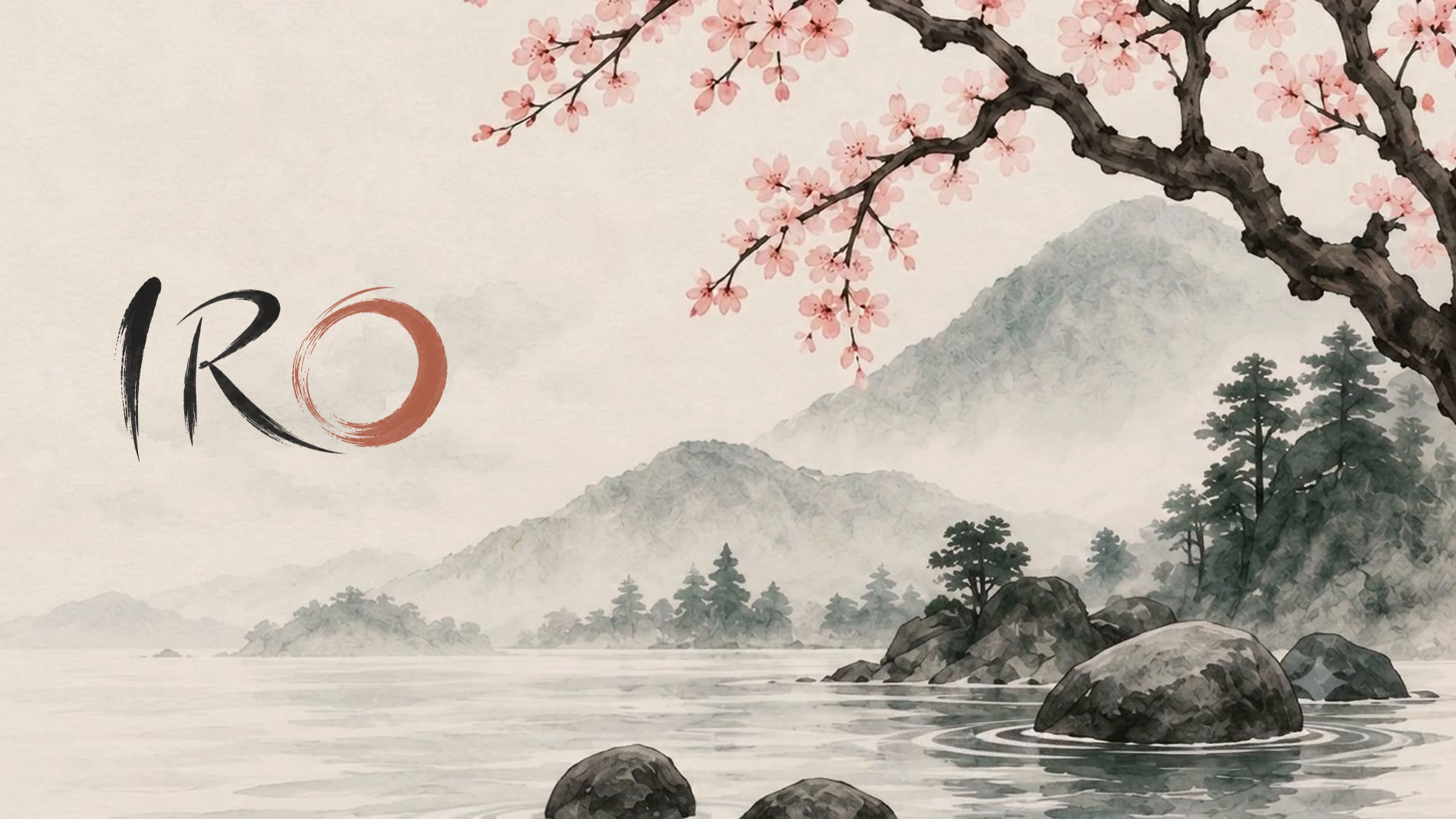 Iro's key art: the IRO wordmark on the left of a misty lake with mountains, pines and stones in the water, under a cherry branch in blossom.