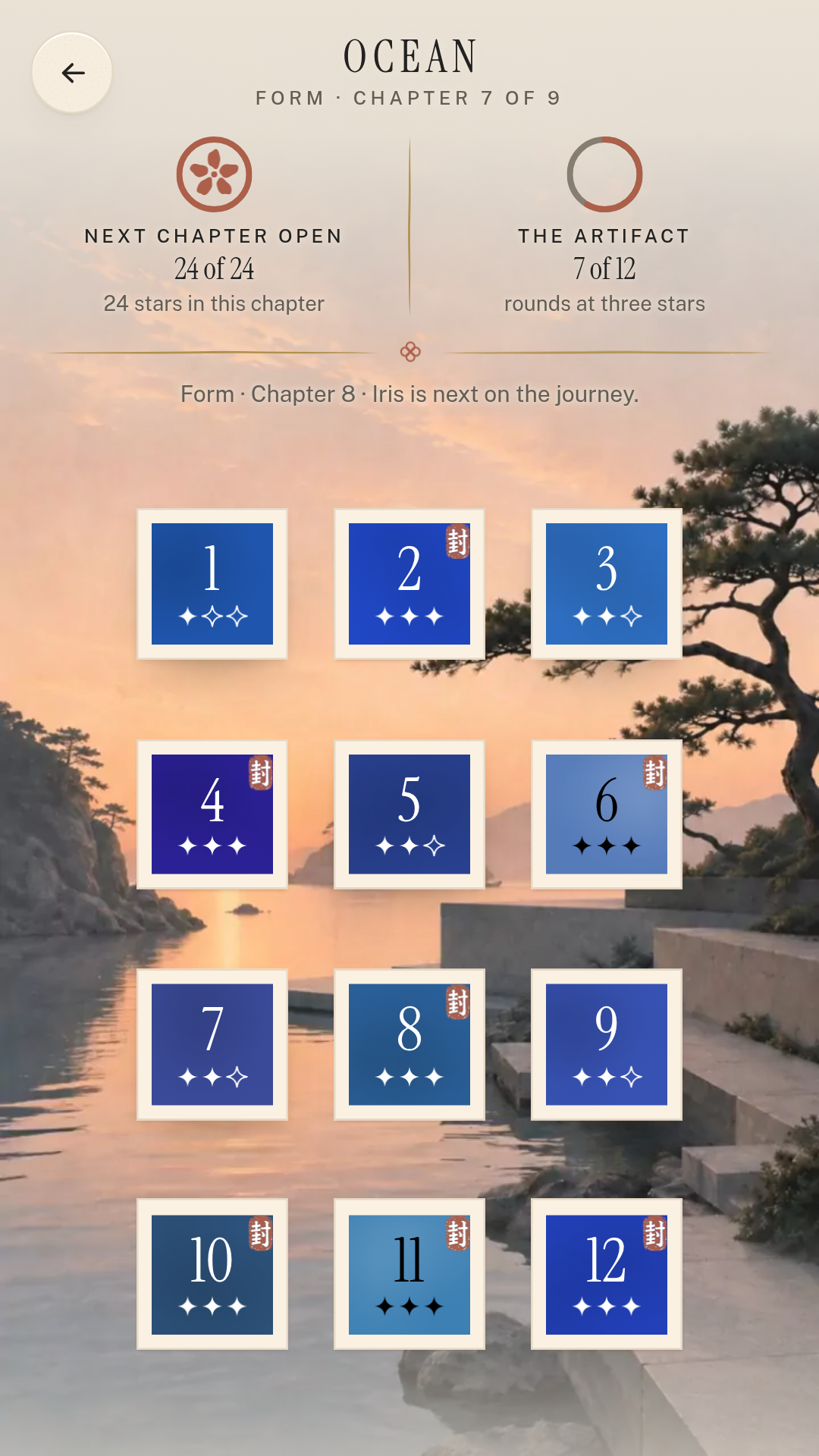 Iro's chapter screen for Ocean, Form, chapter 7 of 9, over a picture of a calm bay at sunset with a pine on the rocks. At the top are two readings, one saying the next chapter is open and one counting the rounds played at three stars, and the line "Form · Chapter 8 · Iris is next on the journey." Below is a grid of twelve tiles in shades of blue, numbered 1 to 12, each showing one to three stars; seven of them carry a small red seal.