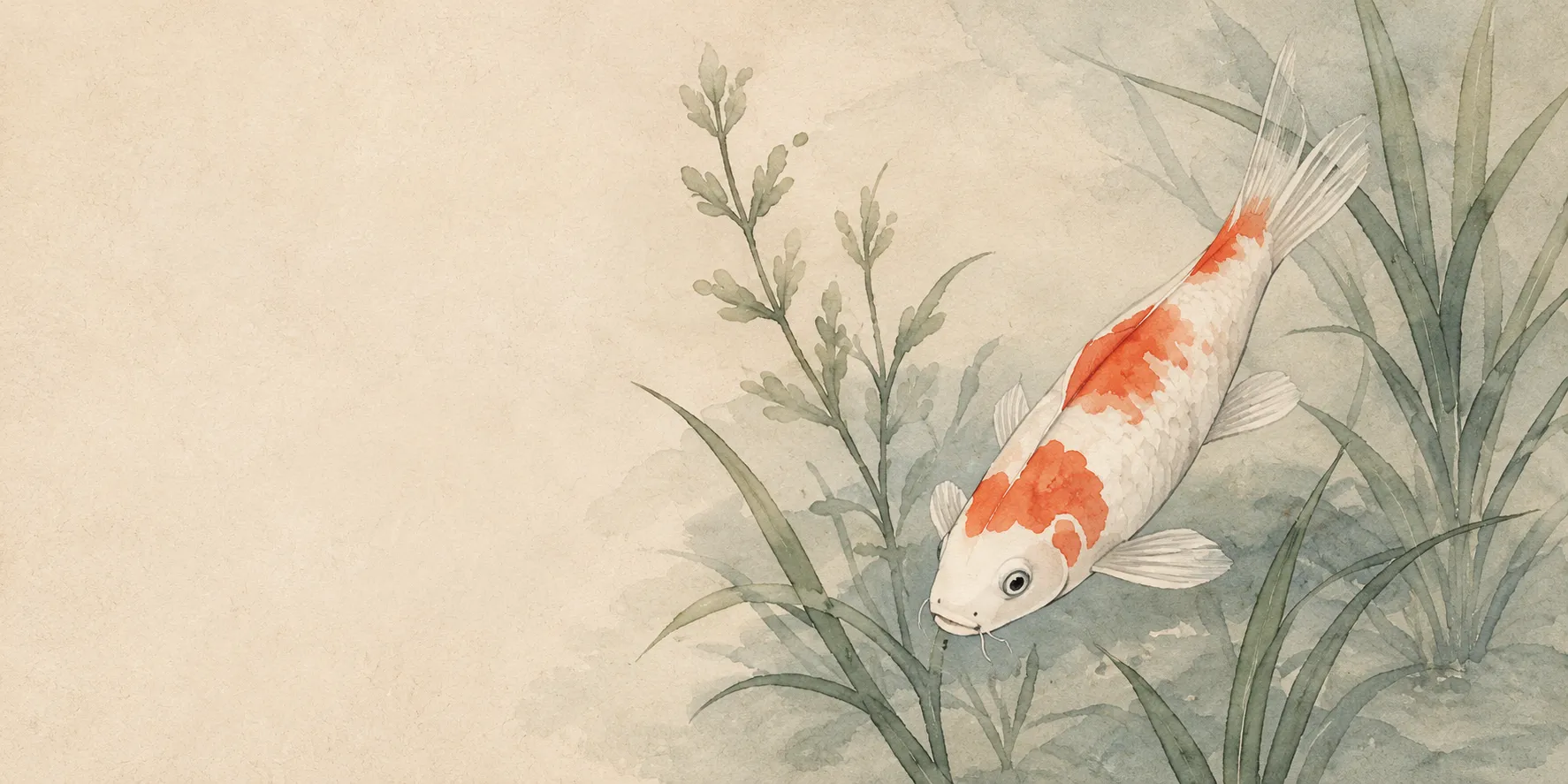 A koi turning through reeds in shallow water.